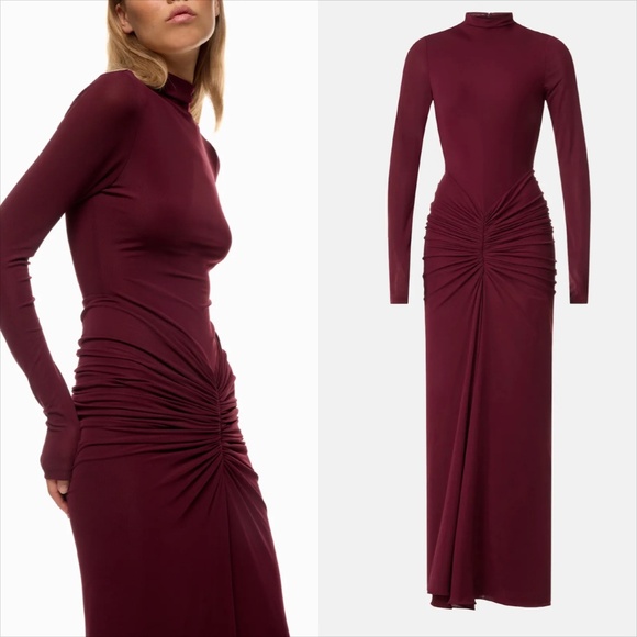 Ronny Kobo scorpio mock neck long sleeve burgundy pleated maxi dress
